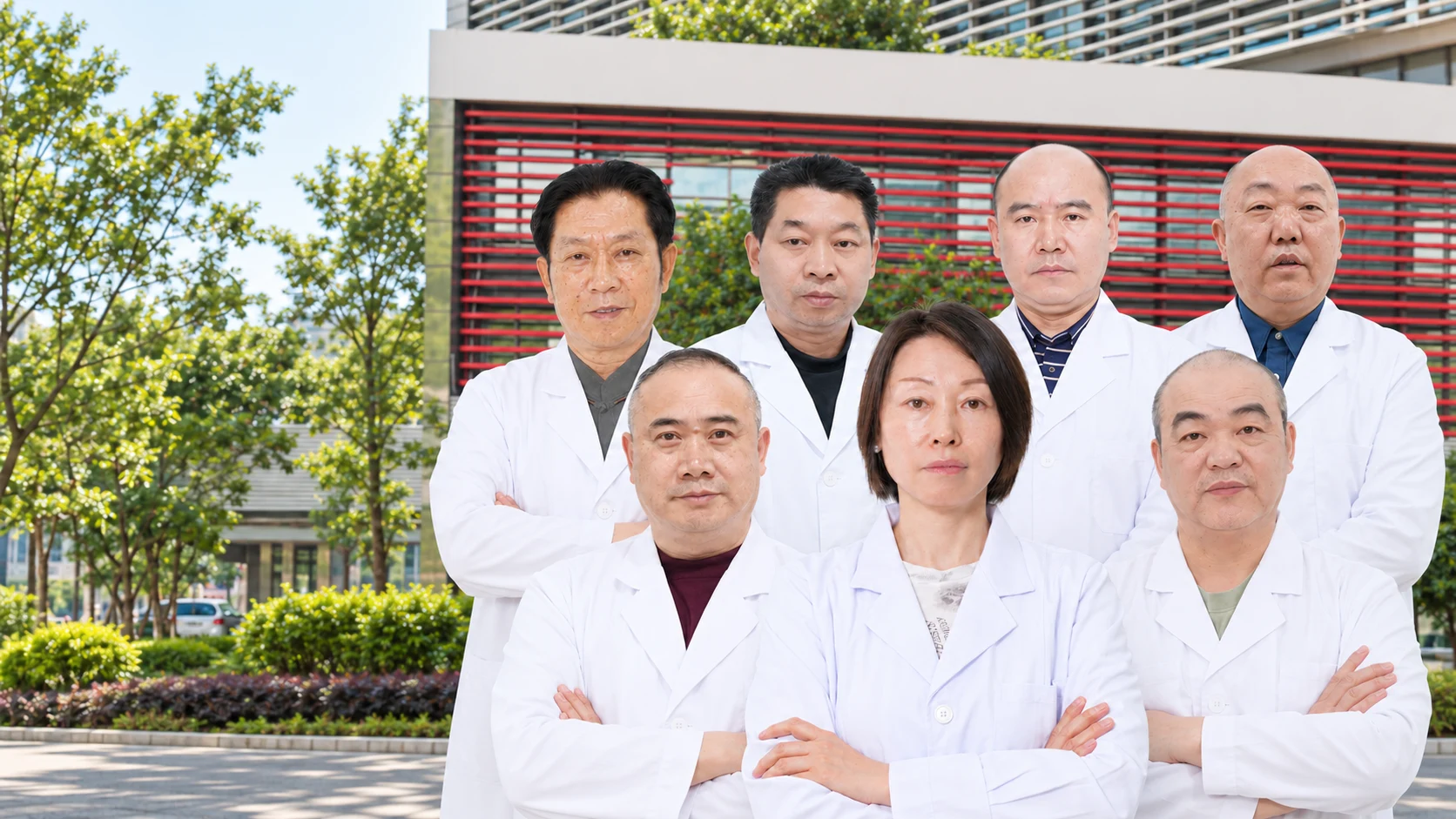 Photo montage of all seven PujiCAM clinicians, with Wu Xiaoling at the front centre; based on supplied portraits and promotional building imagery